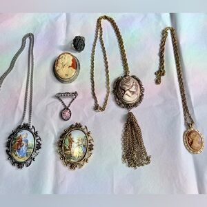 Vintage Victorian Revival Jewelry Lot Cameo Mourning Jewelry Ring Pendant Brooch